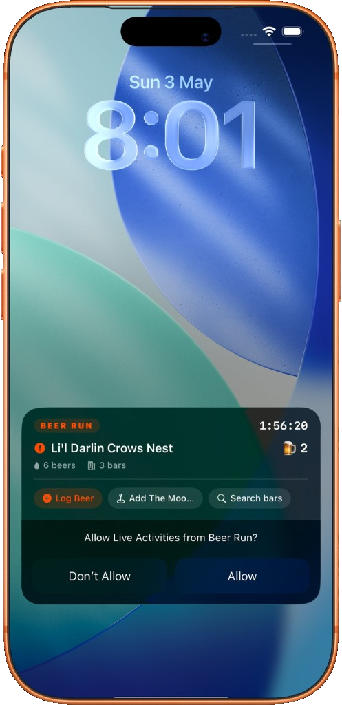 Beer Run Live Activity on iPhone lock screen